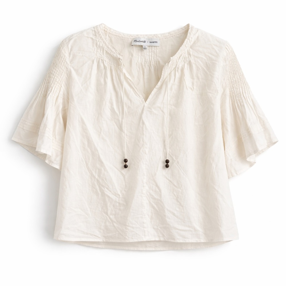 Madewell x Warm Ivory Boho Peasant Blouse Size S Tie Neck Pintuck Top